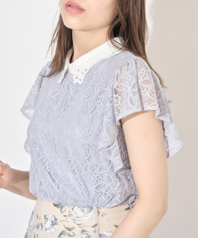 瞬時に鮮度UP！カットワーク刺?襟×レース切り替えバイカラーブラウス 