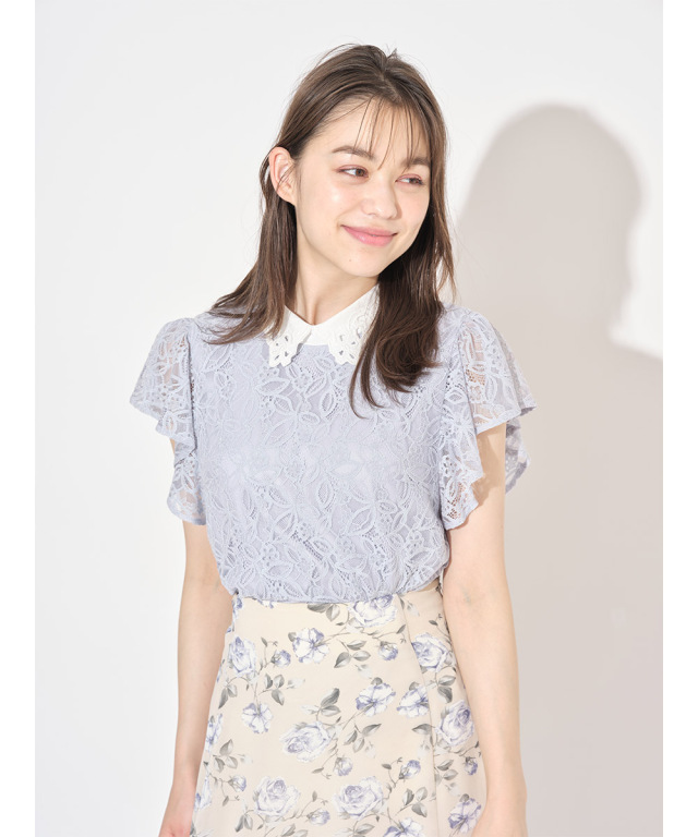 瞬時に鮮度UP！カットワーク刺?襟×レース切り替えバイカラーブラウス 