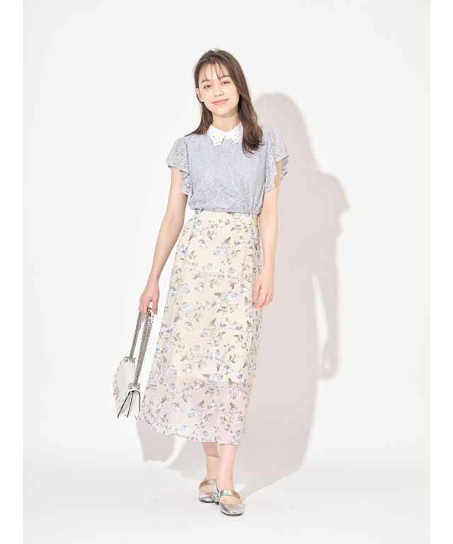 瞬時に鮮度UP！カットワーク刺?襟×レース切り替えバイカラーブラウス 