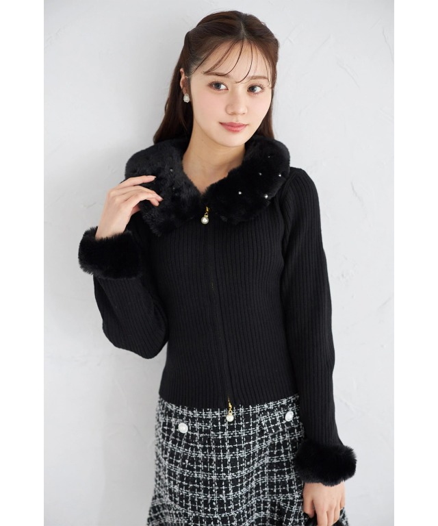 取り外し可能なファー付きパール装飾ジップリブニットプルオーバー