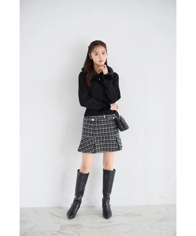 取り外し可能なファー付きパール装飾ジップリブニットプルオーバー