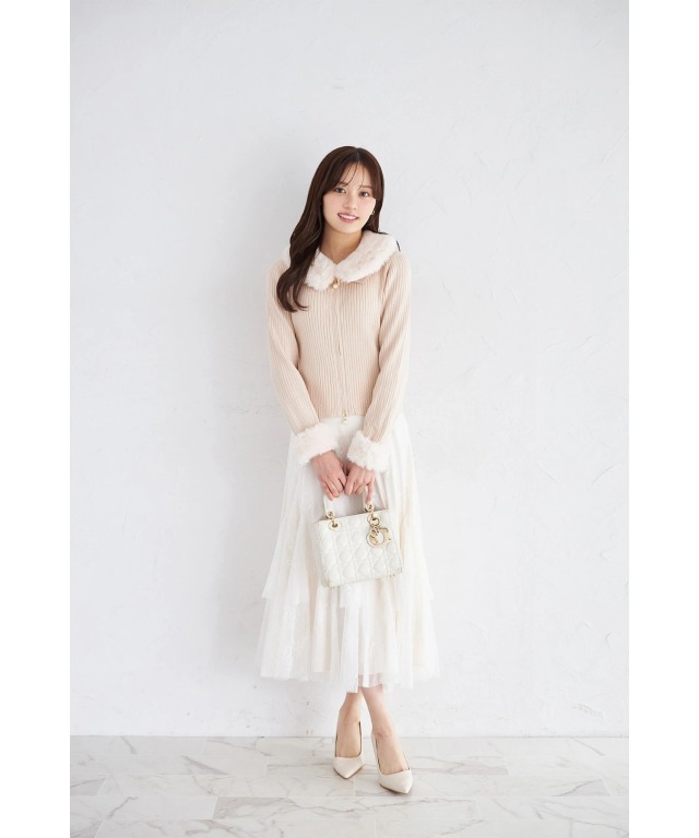 取り外し可能なファー付きパール装飾ジップリブニットプルオーバー