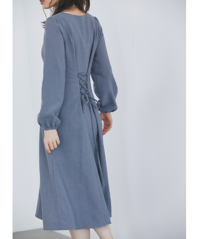 後ろレースアップデザインくるみ飾り釦付きカットコーデュロイワンピース 