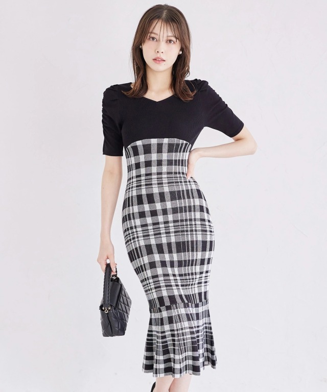 チェック柄ドッキングワンショルダーリボンフリルニットワンピース[pm785] | レディースファッション通販のグレイル(GRL)【公式】 美品！ Three Four Time ニット×メモリーチェック ワンピース