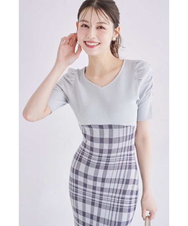 tocco closet チェックワンピース ブルー チェック柄切り替えギャザースリーブニットワンピース