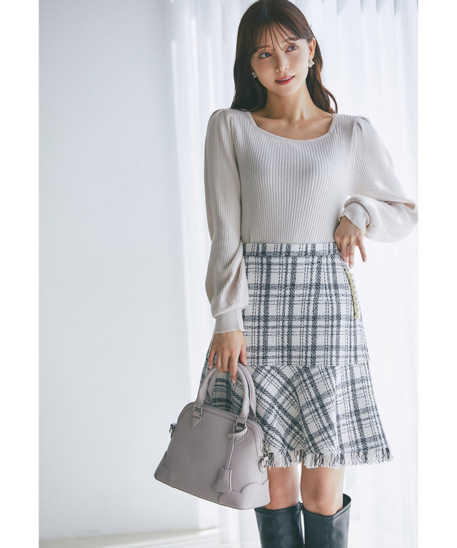 ポケットパール付き裾フリンジツイードミニスカート 