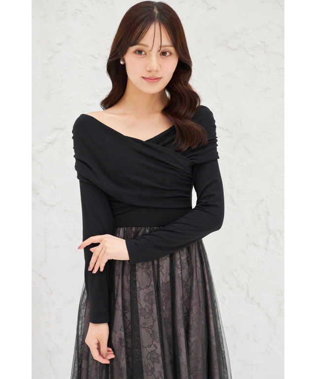 オフショルカットソー×ラメレースドッキングワンピース