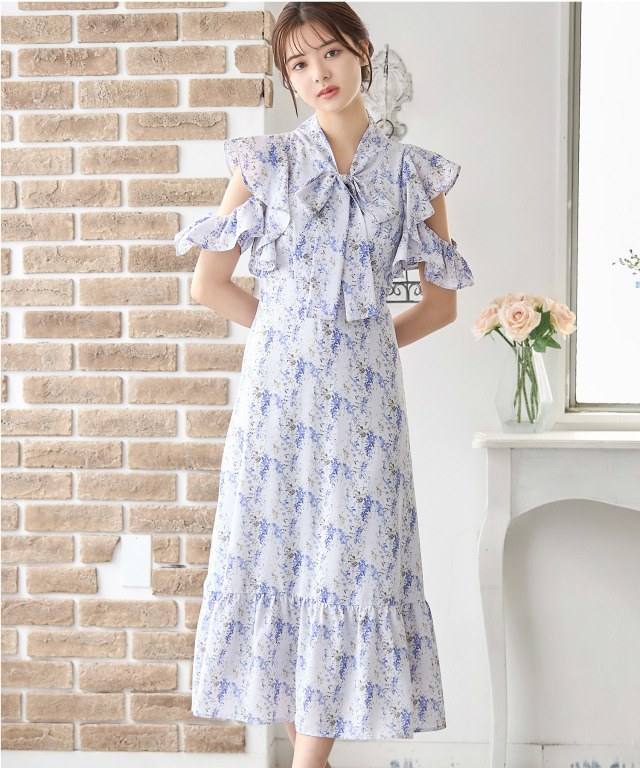 フリルオープンショルダーボウタイリボンフラワープリントワンピース 