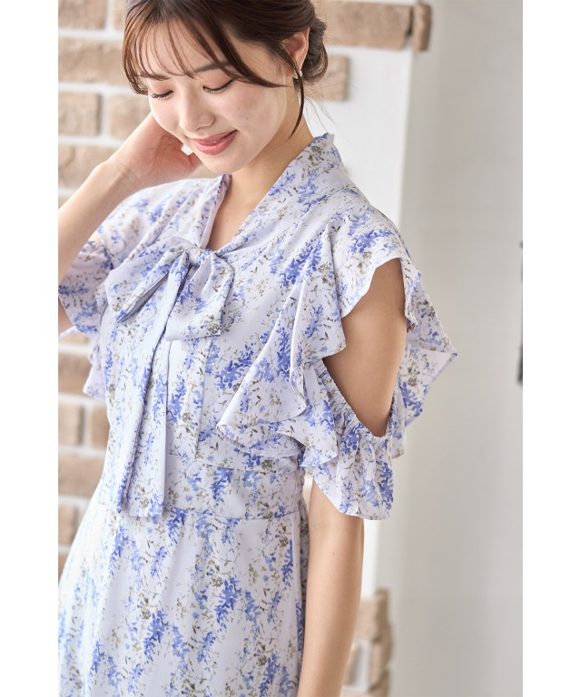 フラワープリント ワンショルダードレス フリルオープンショルダーボウタイリボンフラワープリントワンピース