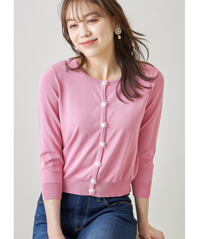 最愛のときめき色♪パール付きオーガンジーフラワーモチーフ装飾七分袖  