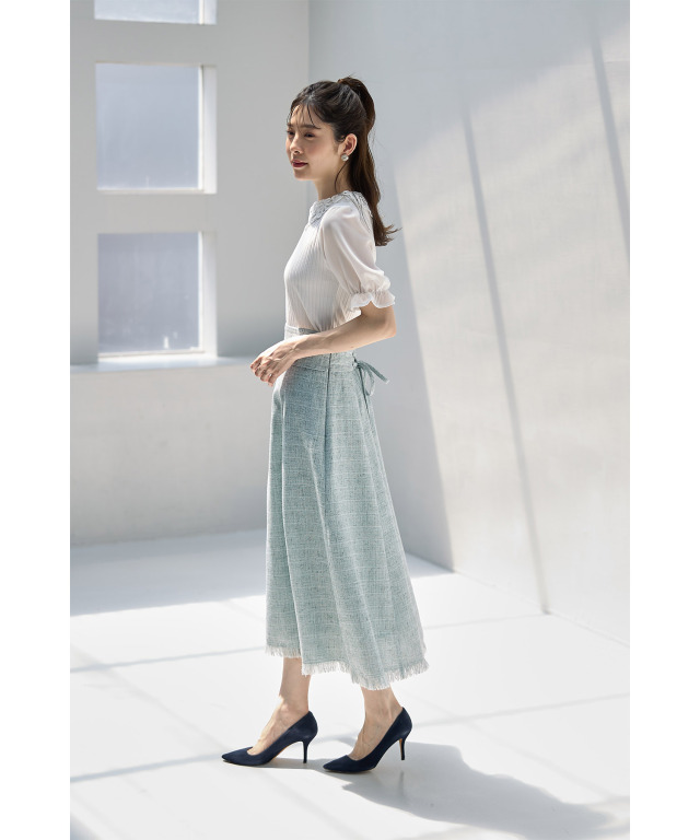 バックレースアップ裾フリンジサマーツイードフレアスカート