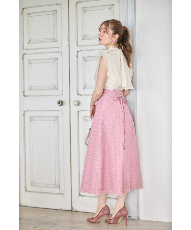 バックレースアップ裾フリンジサマーツイードフレアスカート