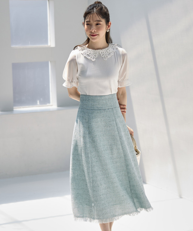 バックレースアップ裾フリンジサマーツイードフレアスカート