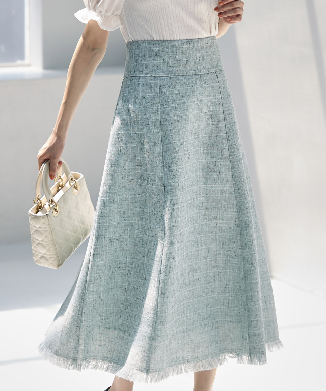 バックレースアップ裾フリンジサマーツイードフレアスカート