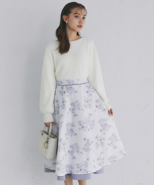 フラワープリント×無地リバーシブルフレアスカート 