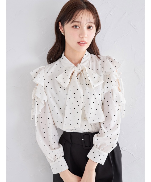 りぼん付きラッフルフリルスリーブドット柄ボウタイリボンブラウス 