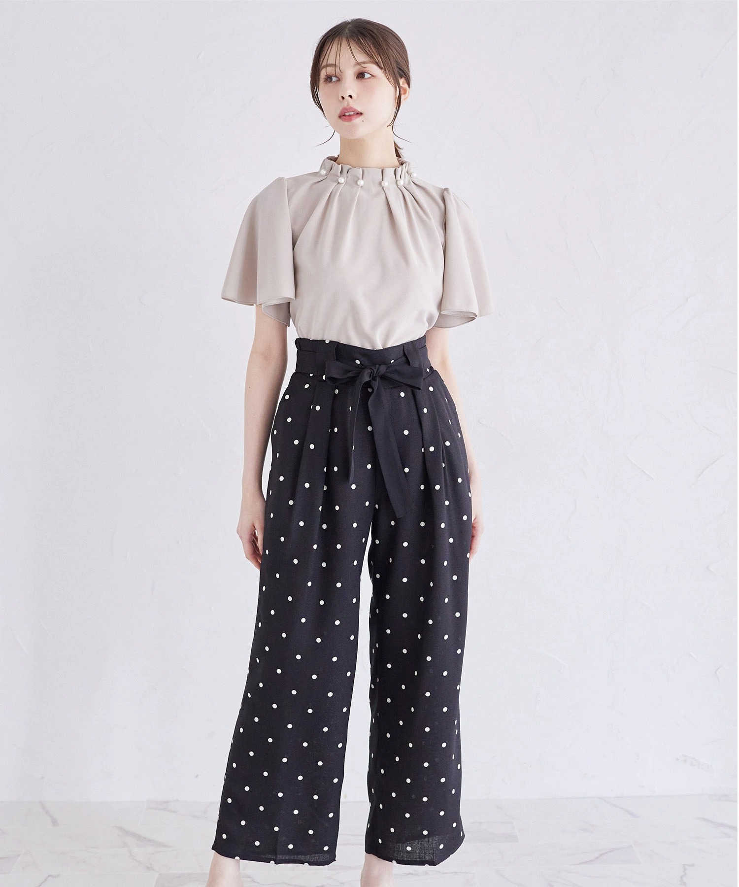 ウエストりぼん付きドットタックワイドパンツ 【milua ミルア】 tocco closet(トッコクローゼット)