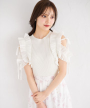 りぼん付きプリーツシフォンフリル切り替えリブニットプルオーバー tocco closet (トッコクローゼット) ＊スペシャルプライス品につき返品/キャンセル/配送日指定不可/ラッピング不可/少量在庫のセールの為交換は出来かねる場合がございます。