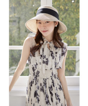 完売カラー5月再販予定！入荷連絡受付中☆リボン付きウエストシャーリングフラワープリントプリーツワンピース tocco closet(トッコクローゼット)/#35 ベージュ×ブラック