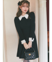 襟付き配色シャギー切り替えハート飾り釦リブニットワンピース 【ranucelle ランセル】《Moon Lady》《HolidayCollection》※少量の在庫確保による再販売の為、交換は出来かねる場合がございます。予めご了承ください。