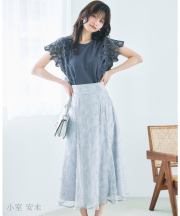 7月下旬～8月上旬販売予定！入荷連絡受付中☆ラインフラワー刺繍バックレースアップフレアスカート※小室安未さんはブルー着用