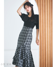 7月下旬販売予定！入荷連絡受付中☆ビックカラー付きストーン装飾チェック柄バックレースアップドッキングワンピース※小室安未さんはブラック着用