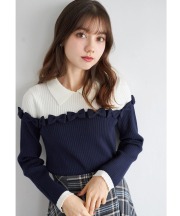 襟＆リボン付きバイカラーリブニットプルオーバー tocco closet(トッコクローゼット)