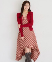 ハート釦リブニットカーディガン×チョーカー付きチェックプリントキャミワンピースセットtocco closet(トッコクローゼット)　※オフィシャルサイト限定