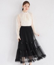リボンパールモチーフ付きティアードチュールスカート  12月30日(火) オフィシャルサイト限定ブラック再販☆tocco closet(トッコクローゼット)※少量の在庫確保による再販売の為、交換は出来かねる場合がございます。予めご了承ください。
