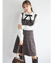 ベロアリボン付きフロッキーハート×チェック柄切り替えミニワンピース tocco closet(トッコクローゼット)