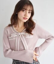 12月中旬～下旬販売予定！入荷連絡受付中☆ビジュー飾り釦付きボウタイリボン配色ニットプルオーバー《KnitCollection》