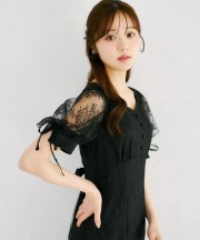 リボン付きオープンフレアスリーブチュールレースワンピース tocco closet(トッコクローゼット)　