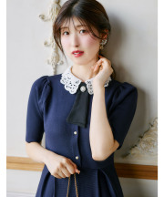 5月再販予定！入荷連絡受付中☆マルチＷＡＹボウタイ＆レース襟付きパール釦ニットワンピース tocco closet(トッコクローゼット)《門脇伶奈さん(@kadowakireina)コラボ》/#20 ネイビー