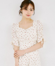 リボン付きギャザースリーブプチローズプリントセミマーメイドワンピース tocco closet(トッコクローゼット)《Spring Onepiece Collection》