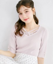 袖口パール付きクロスネック五分袖リブニットプルオーバー tocco closet(トッコクローゼット)