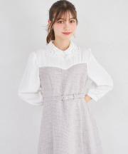 フラワーレース襟付きツイードドッキングワンピース tocco closet(トッコクローゼット)《Spring Onepiece Collection》