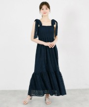 肩リボン付きレースシャーリングワンピース tocco closet(トッコクローゼット)　