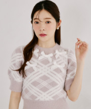 ベロアリボン付きチェックフェザーニットプルオーバー  8月23日(日)再販決定☆tocco closet(トッコクローゼット)