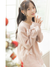 シフォンリボン付きビジュー釦ロングニットカーディガン Suyunn(スユン) ＊スペシャルプライス品につき返品/キャンセル/配送日指定不可/ラッピング不可/少量在庫のセールの為交換は出来かねる場合がございます。※松本ももなさんはピンク着用