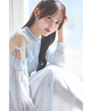 パールベルト付きリボン柄オープンフリルスリーブワンピース Suyunn(スユン) ※松本ももなさんはブルー着用