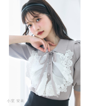 襟＆リボン付きレースフリル装飾ニットプルオーバー【tyleina ティレニア】 tocco closet(トッコクローゼット)※小室安未さんはモカピンク着用《Summer→Autumn2025》《tocco closet luxe》