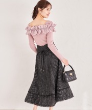 バックレースアップツイードフリンジカットフレアスカート【adalise アダリス】 tocco closet(トッコクローゼット)　＊スペシャルプライス品につき返品/キャンセル/配送日指定不可/ラッピング不可/少量在庫のセールの為交換は出来かねる場合がございます。