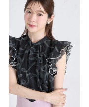 シアーリボンプリントラッフルフリルブラウス 8月19日(火)オフィシャルサイト限定ブラック再販☆【grittia グリティア】 tocco closet(トッコクローゼット)　※少量の在庫確保による再販売の為、交換は出来かねる場合がございます。予めご了承ください。