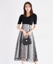 リブニット×スパンコールシアーチェックバックレースアップドッキングワンピース tocco closet  ＊スペシャルプライス品につき返品/キャンセル/配送日指定不可/ラッピング不可/少量在庫のセールの為交換は出来かねる場合がございます。