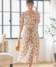 ウエストりぼん付きフラワープリントカシュクールワンピース