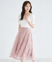 袖口パール付きフラワーレース切り替えドッキングワンピース　ネイビー トッコクローゼット tocco closet 袖口パール付きフラワーレース