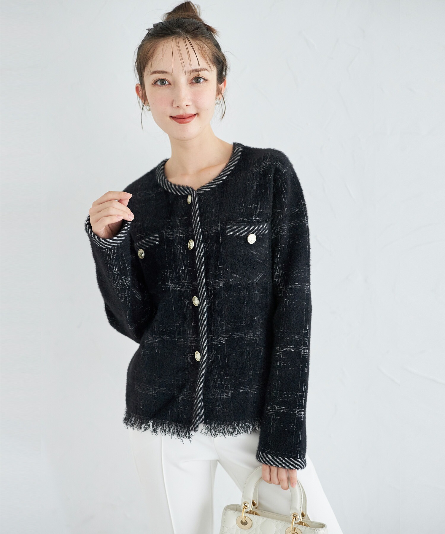 ゴールド釦チェックニットジャケット【nalivy ナリヴィ】 tocco closet(トッコクローゼット)＊スペシャルプライス品につき返品/キャンセル/配送日指定不可/ラッピング不可/少量在庫のセールの為交換は出来かねる場合がございます。