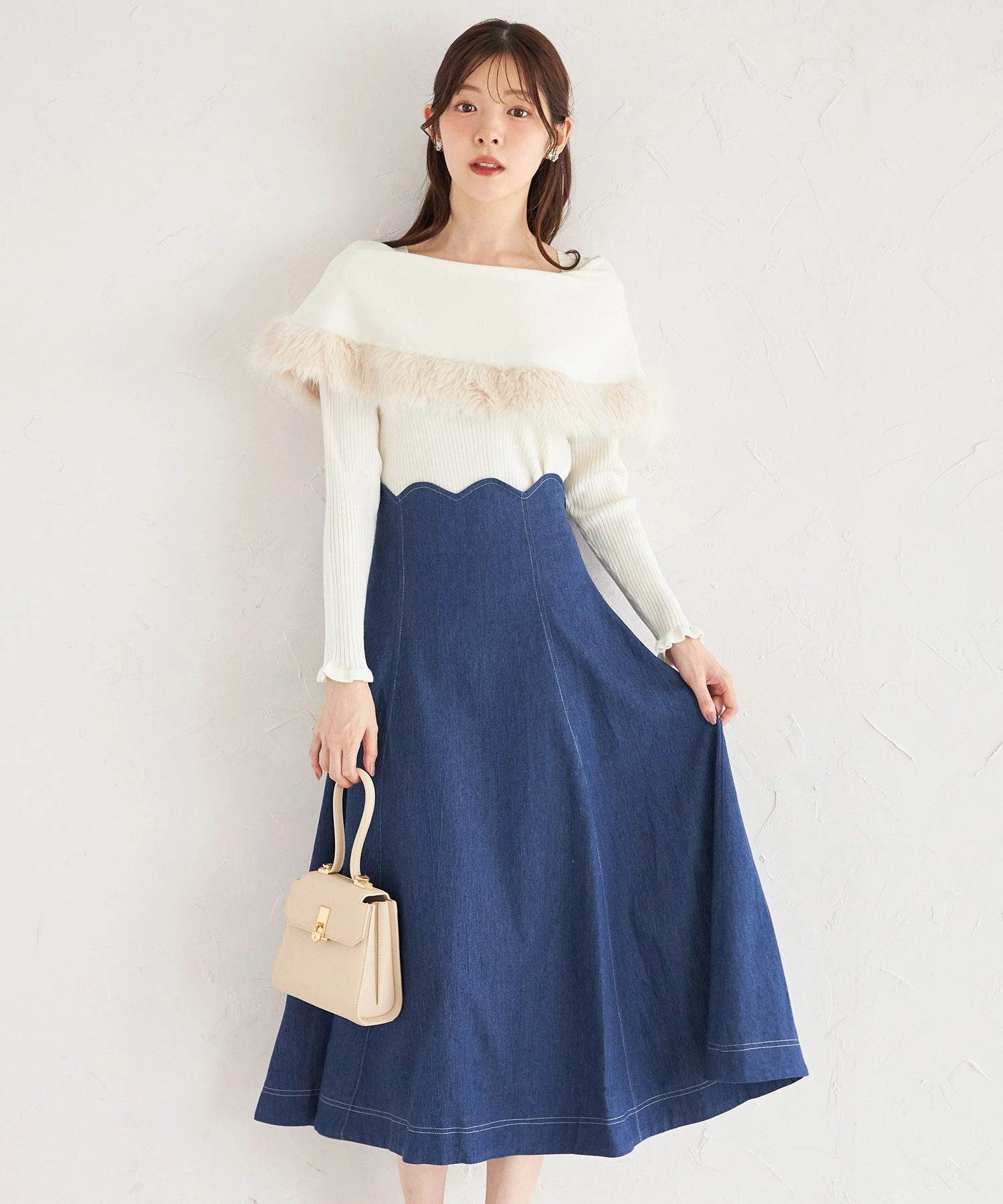 ステッチ入りウエストスカラップデニムフレアスカート 10月8日(水)再販決定☆【norabel ノラベル】  tocco closet(トッコクローゼット)《FruitCollection2025》