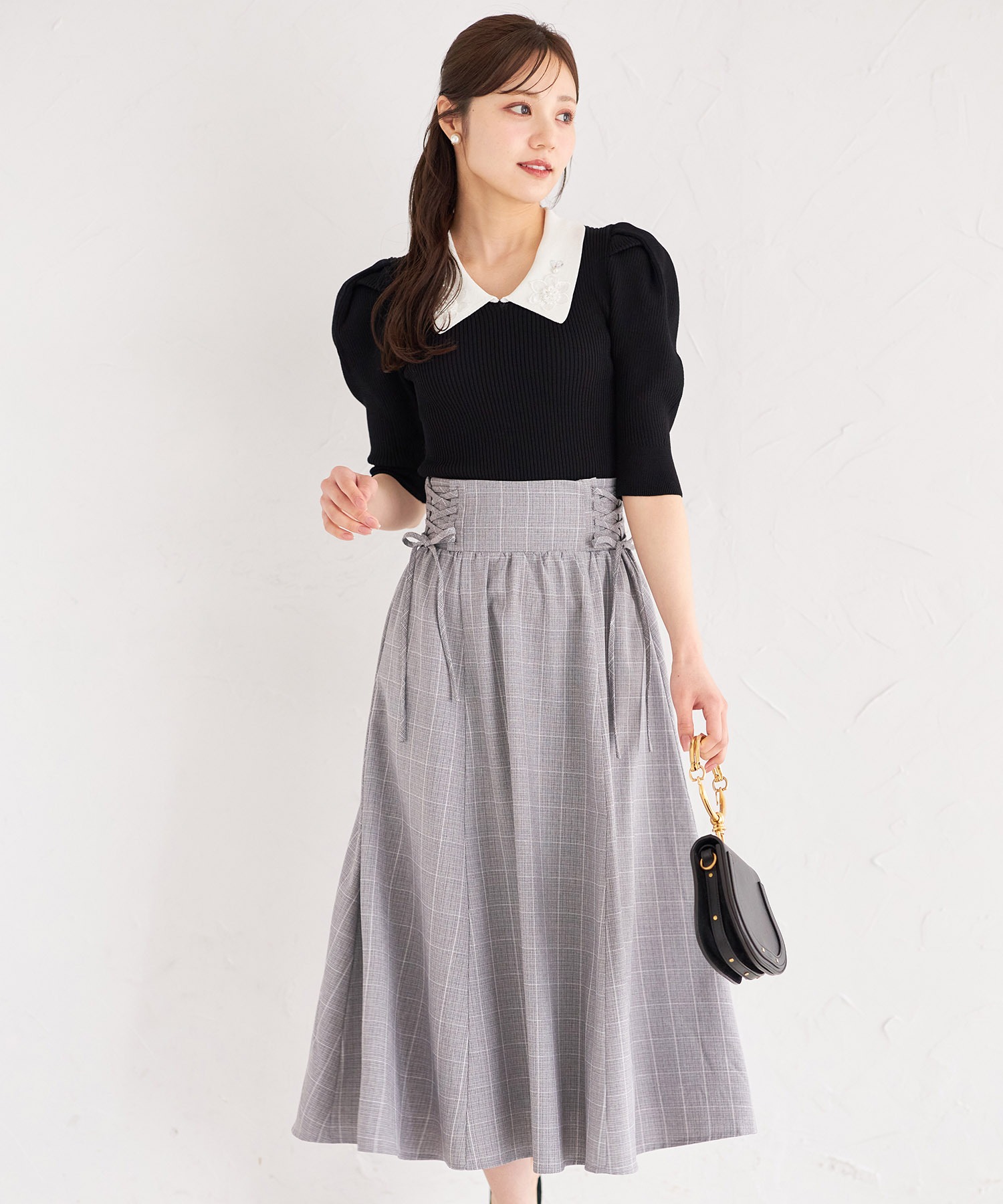 サイドレースアップチェック柄フレアスカート【noralie ノラリー】 tocco closet(トッコクローゼット) ＊スペシャルプライス品につき返品/キャンセル/配送日指定不可/ラッピング不可/少量在庫のセールの為交換は出来かねる場合がございます。