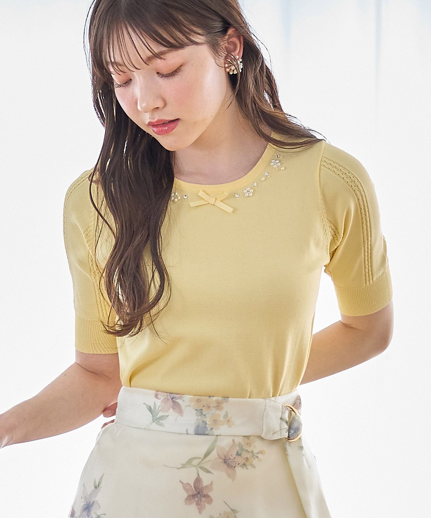 リボン＆パールビジュー付き透かし編みニットプルオーバー【patica パティーカ】 tocco closet(トッコクローゼット)　7/8スタート！スペシャルプライス＊スペシャルプライス品につき返品/交換/キャンセル/配送日指定不可/ラッピング不可